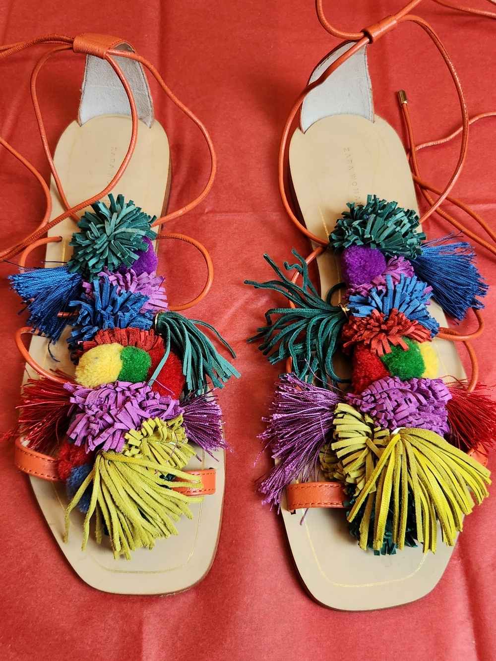 Zara Multicolor Pompom Tassel Lace-Up Women’s Sandals